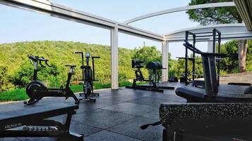 A gym with various exercise equipment, including a treadmill, stationary bike, and weight machines, with a view of a forested area.