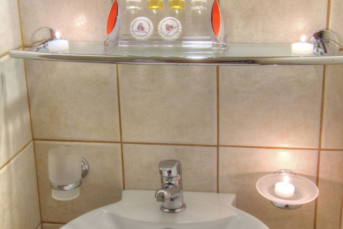 double or twin room (street view) | bathroom | shower, free toiletries, hair dryer, towels