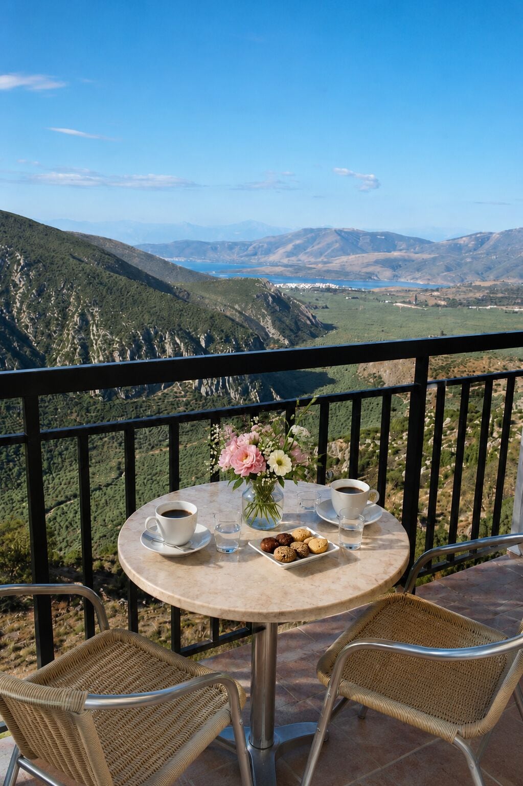 A terrace with a table set for two, overlooking a mountainous landscape.