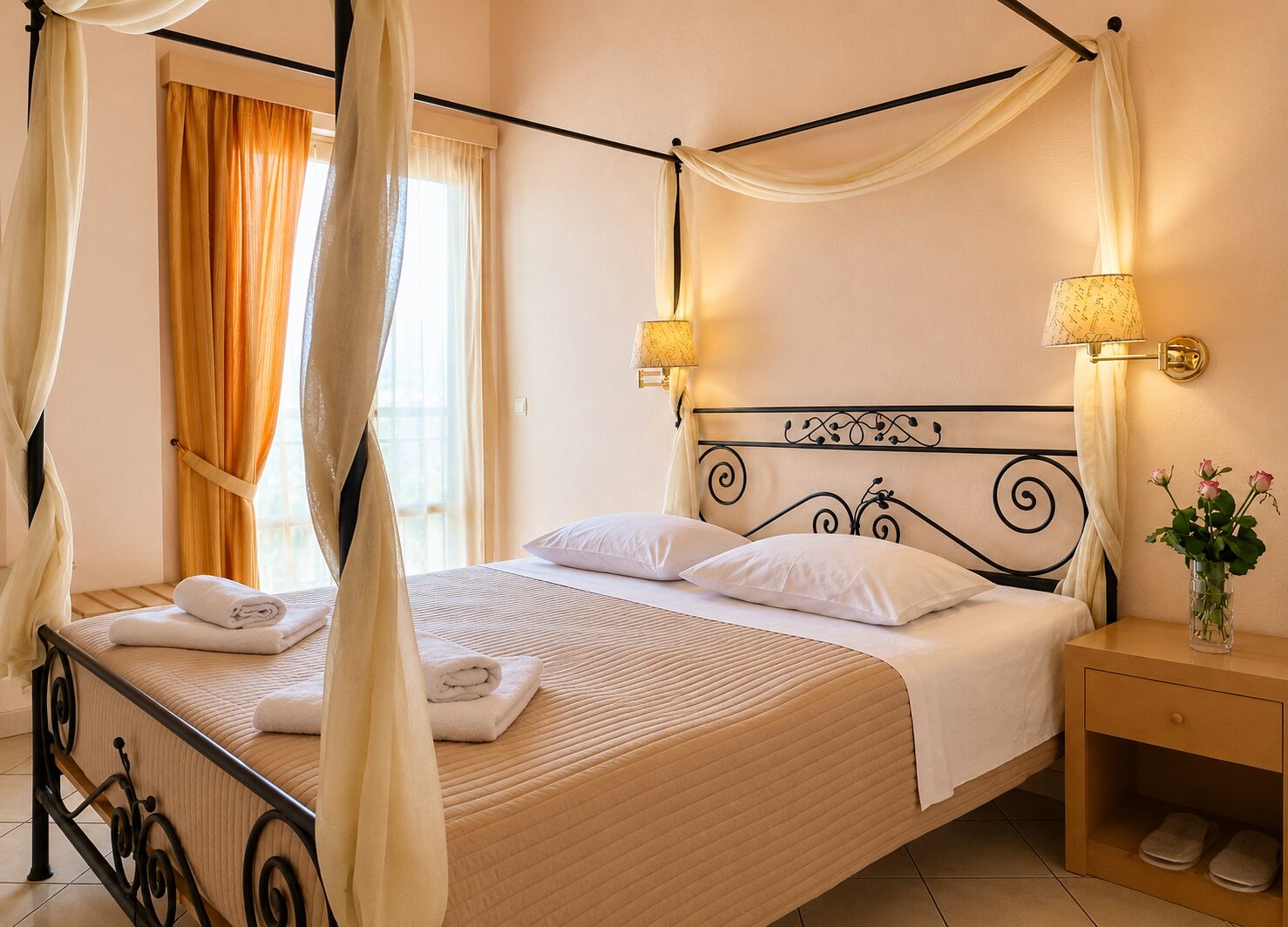 A four-poster bed with a canopy, white linens, two bedside lamps, a nightstand with a vase of flowers, and a window with curtains.