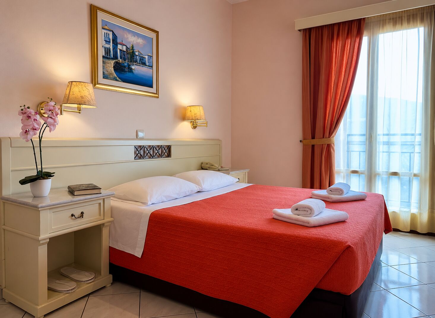Una camera d'albergo con un letto, un comodino, una lampada, un quadro e una finestra con tende.