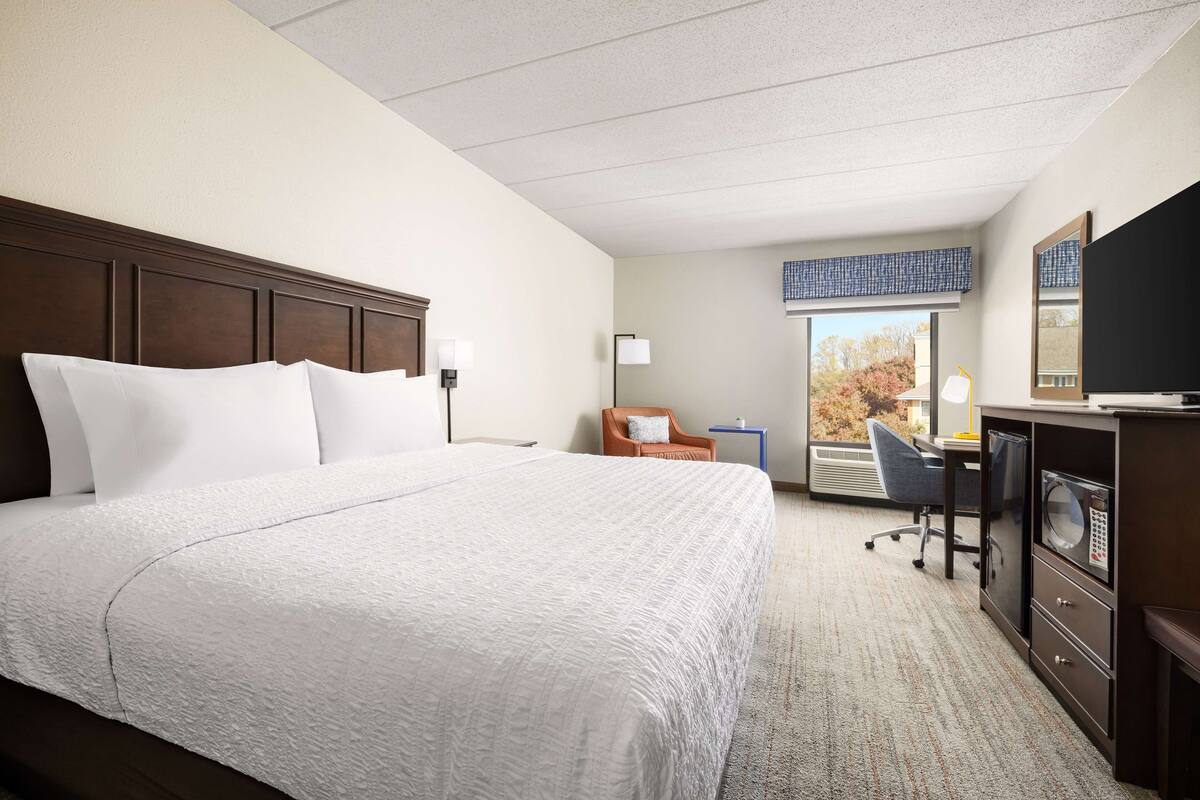 A hotel room with a large bed, a desk with a chair, a television, and a window with a view of trees.