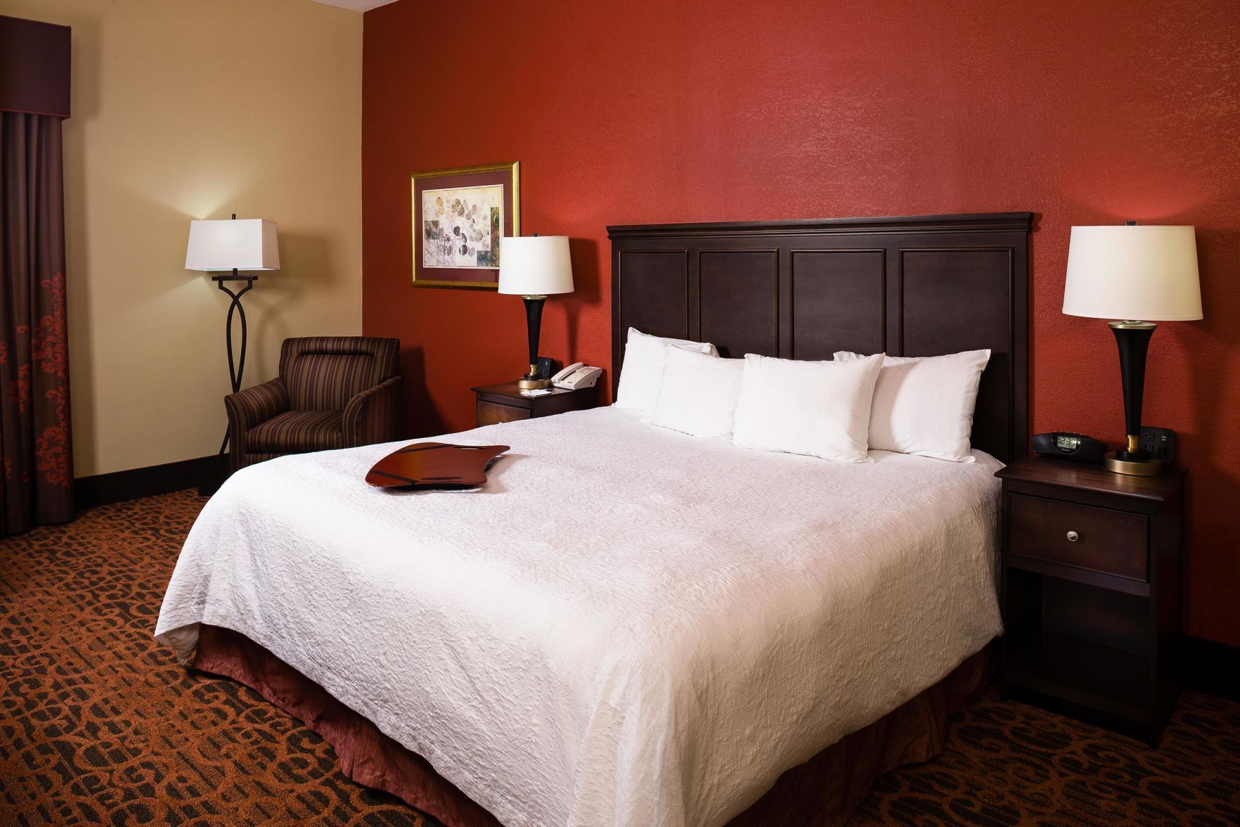 Premium bedding, desk, laptop workspace, blackout curtains