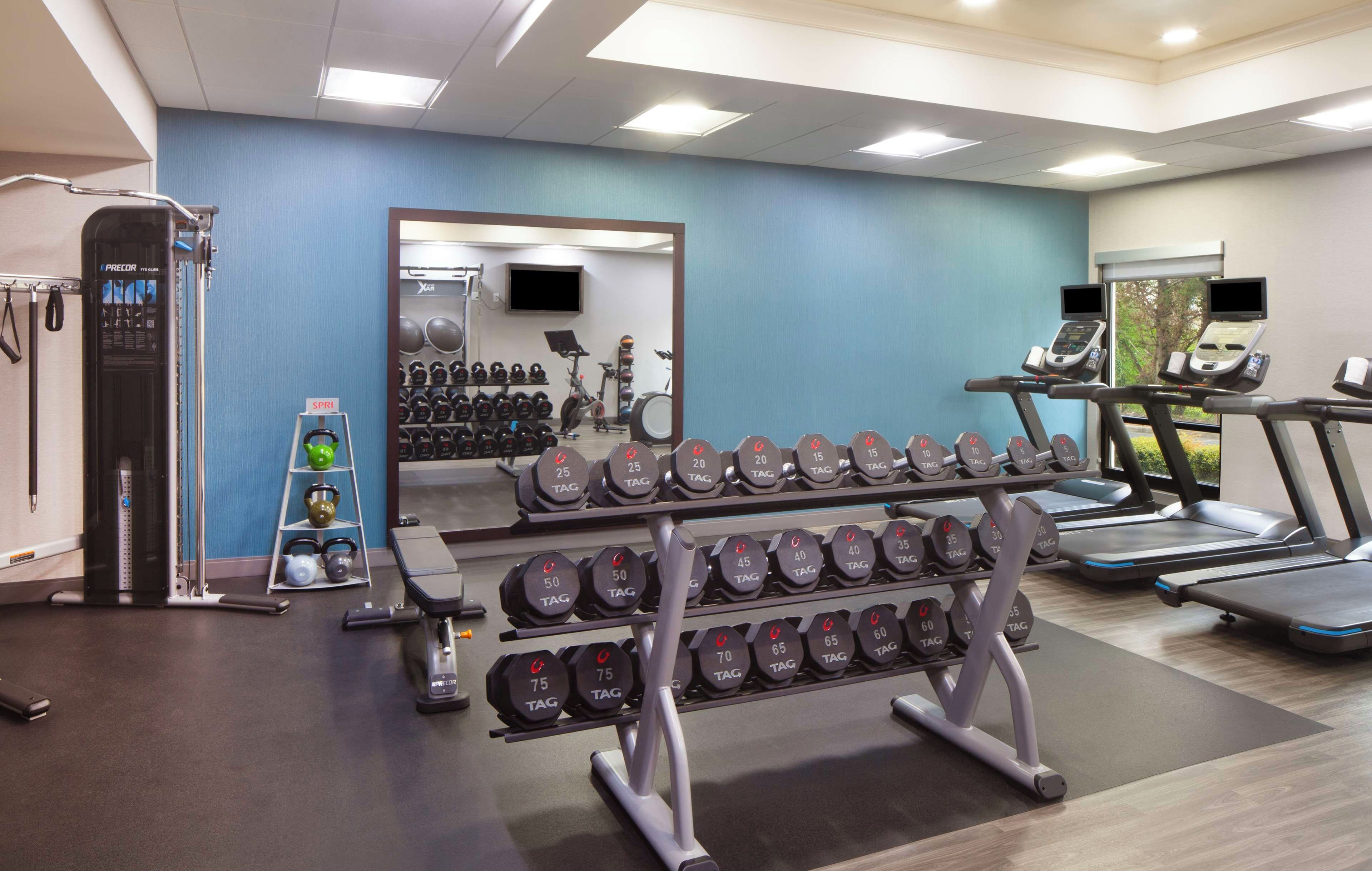 A gym with weightlifting equipment, treadmills, and a mirror.
