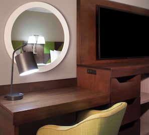Desk, laptop workspace, blackout curtains, iron/ironing board