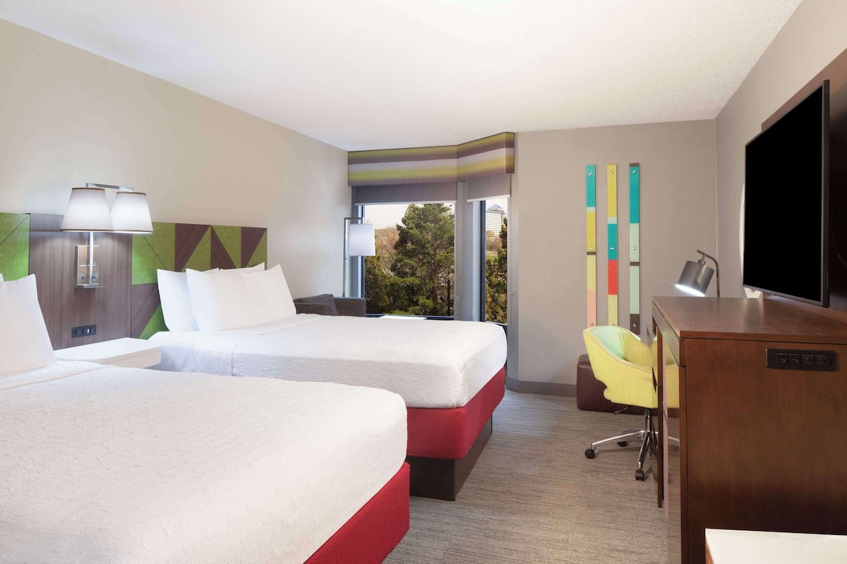 desk, laptop workspace, blackout curtains, iron/ironing board