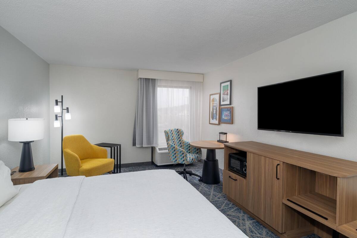 A hotel room with a bed, a desk, a chair, a TV, and a minibar.