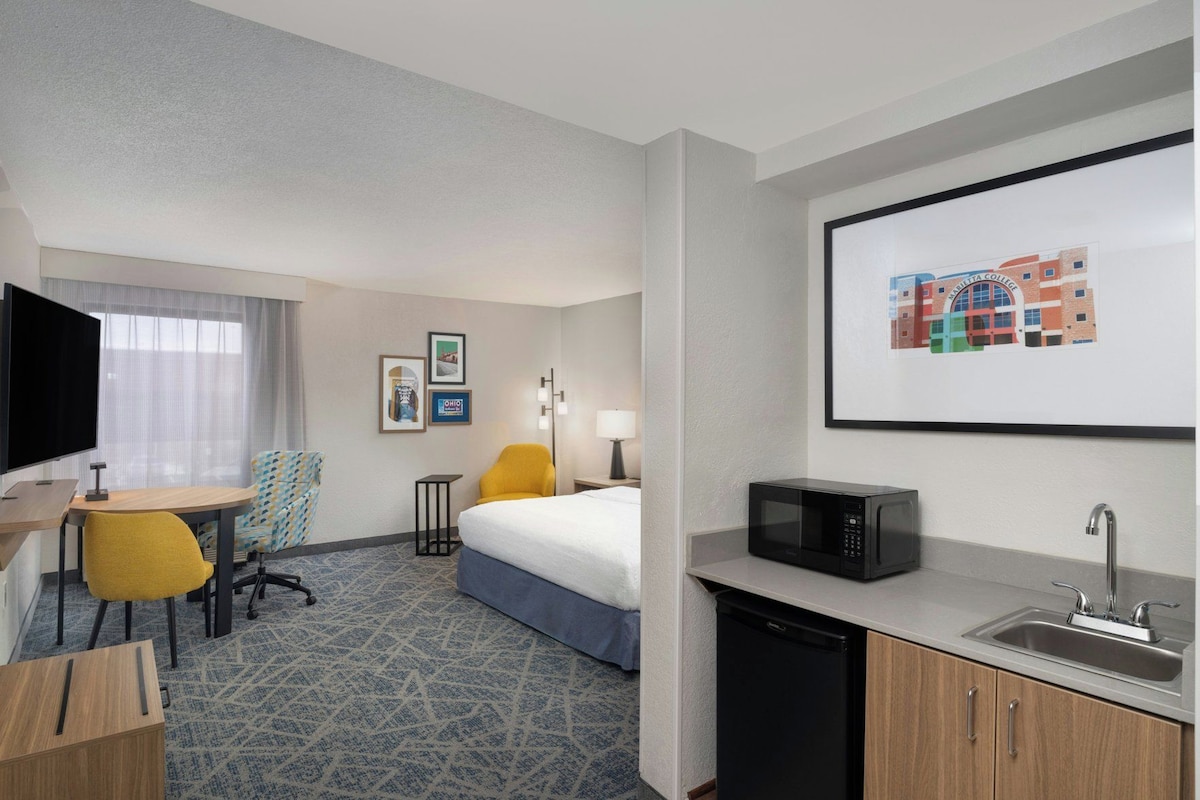 A hotel room with a bed, a desk with a chair, a television, a microwave, a sink, and a framed picture on the wall.