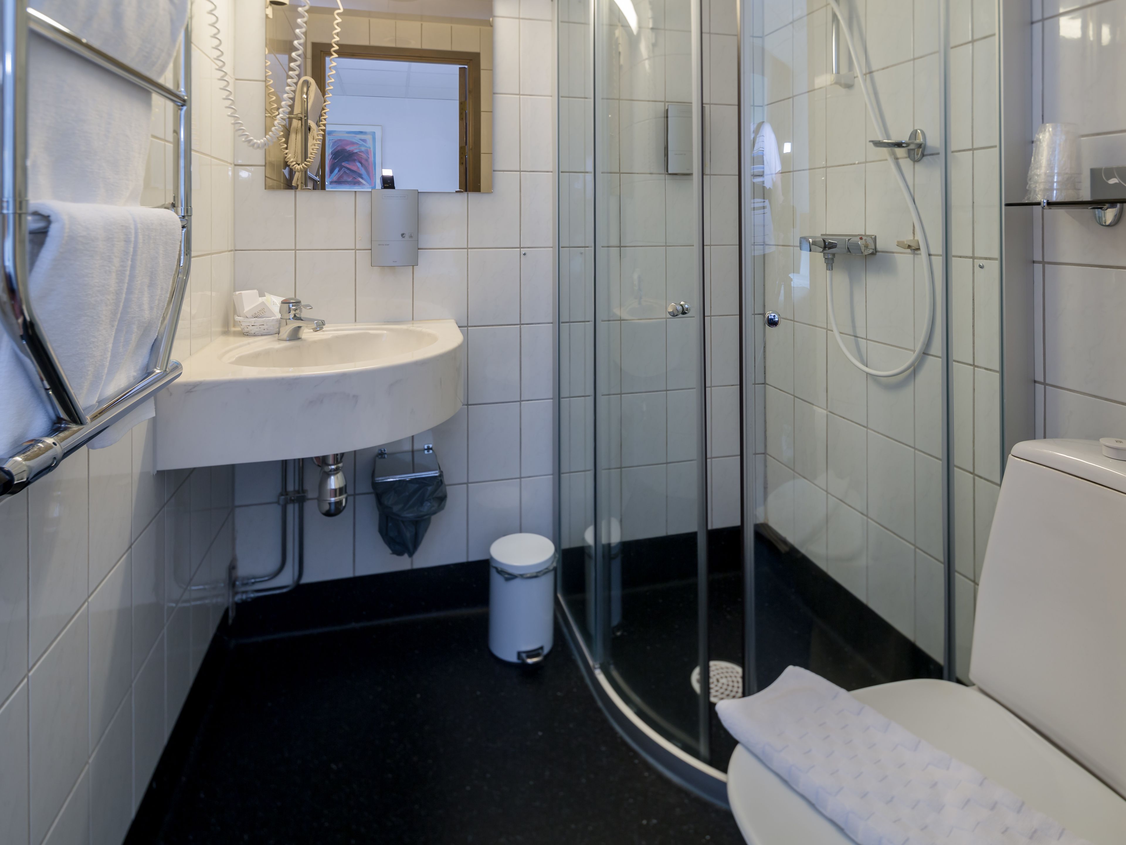 A modern bathroom with a glass shower enclosure, a white sink, and a toilet.
