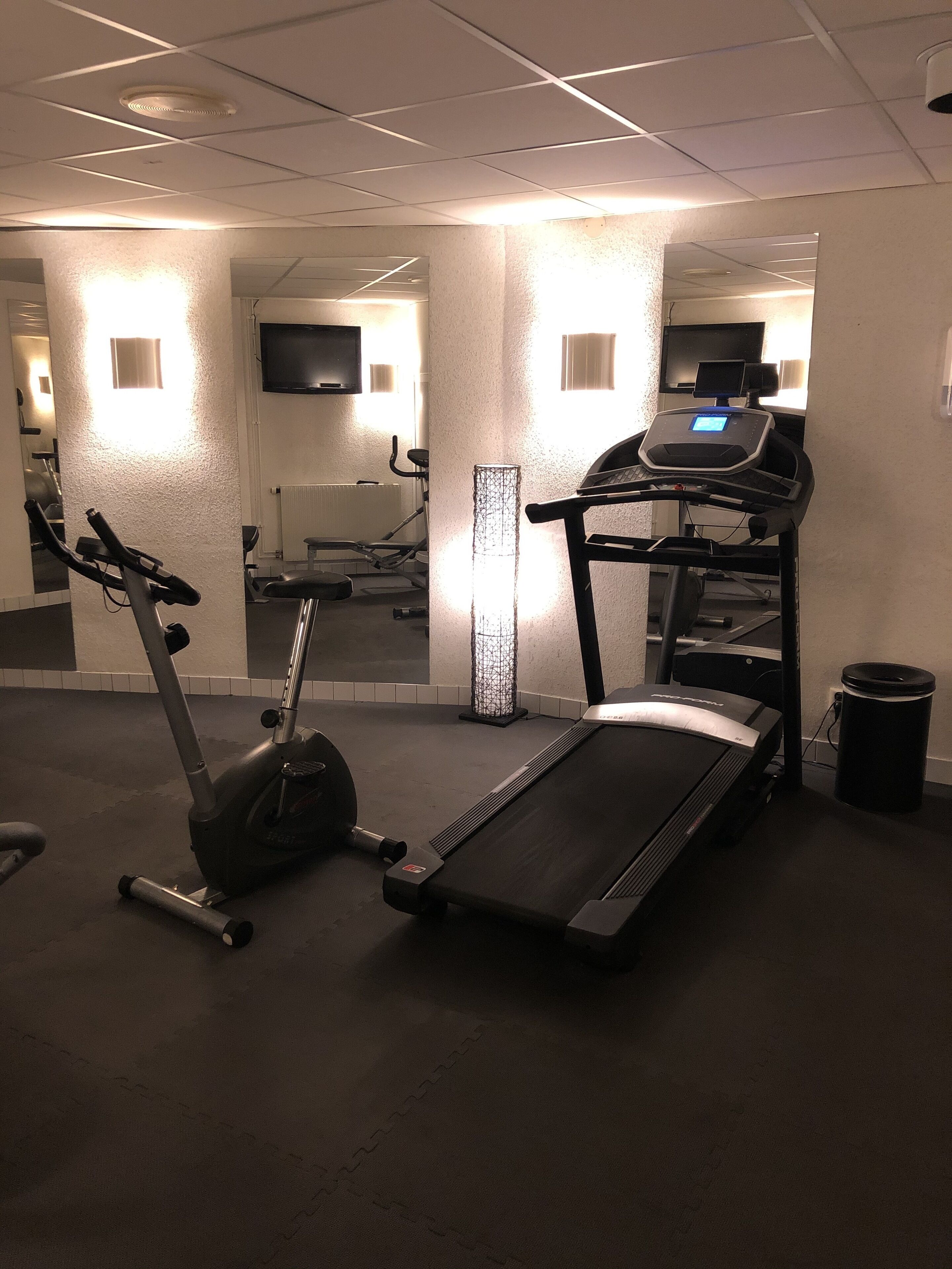 Une salle de sport équipée d'un vélo elliptique, d'un tapis de course et d'un mur recouvert de miroirs.