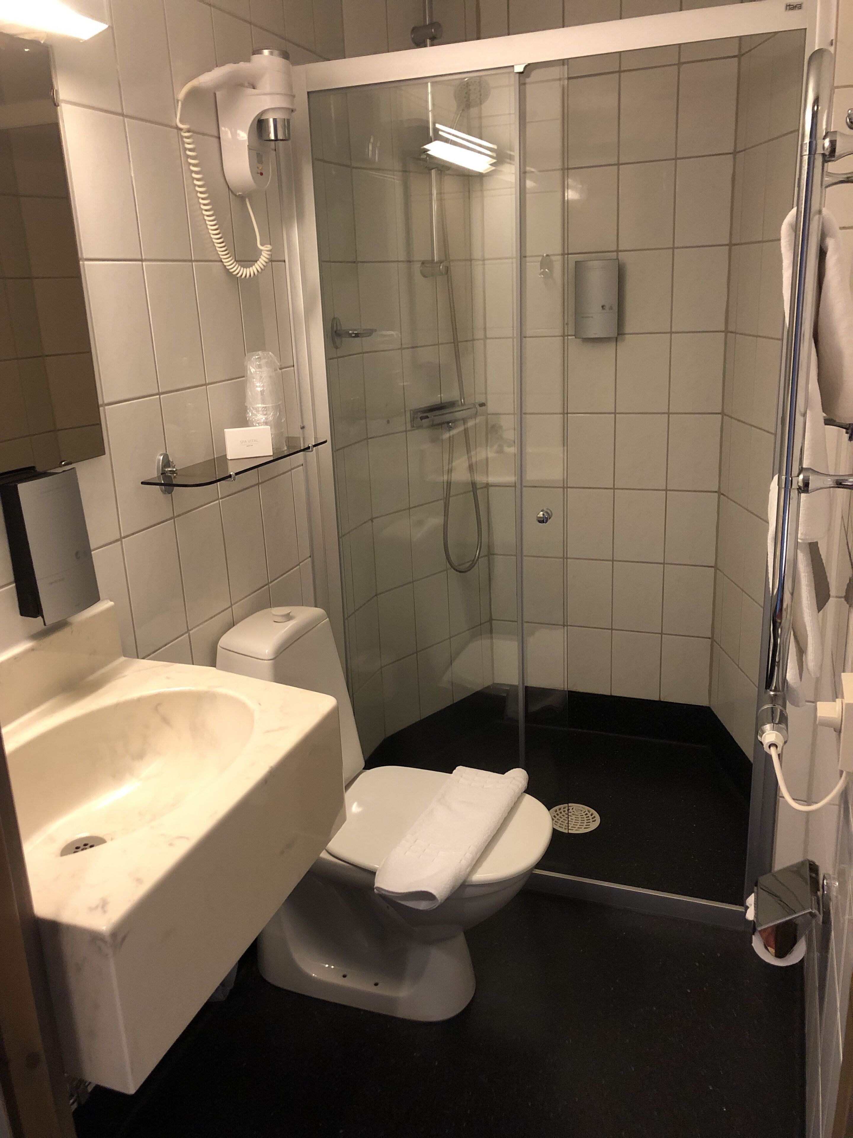 A modern bathroom with a glass-enclosed shower, a white toilet, a sink, and a hairdryer mounted on the wall.