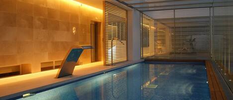 A swimming pool with tiled walls and a glass ceiling, surrounded by wooden deck and metal railings.