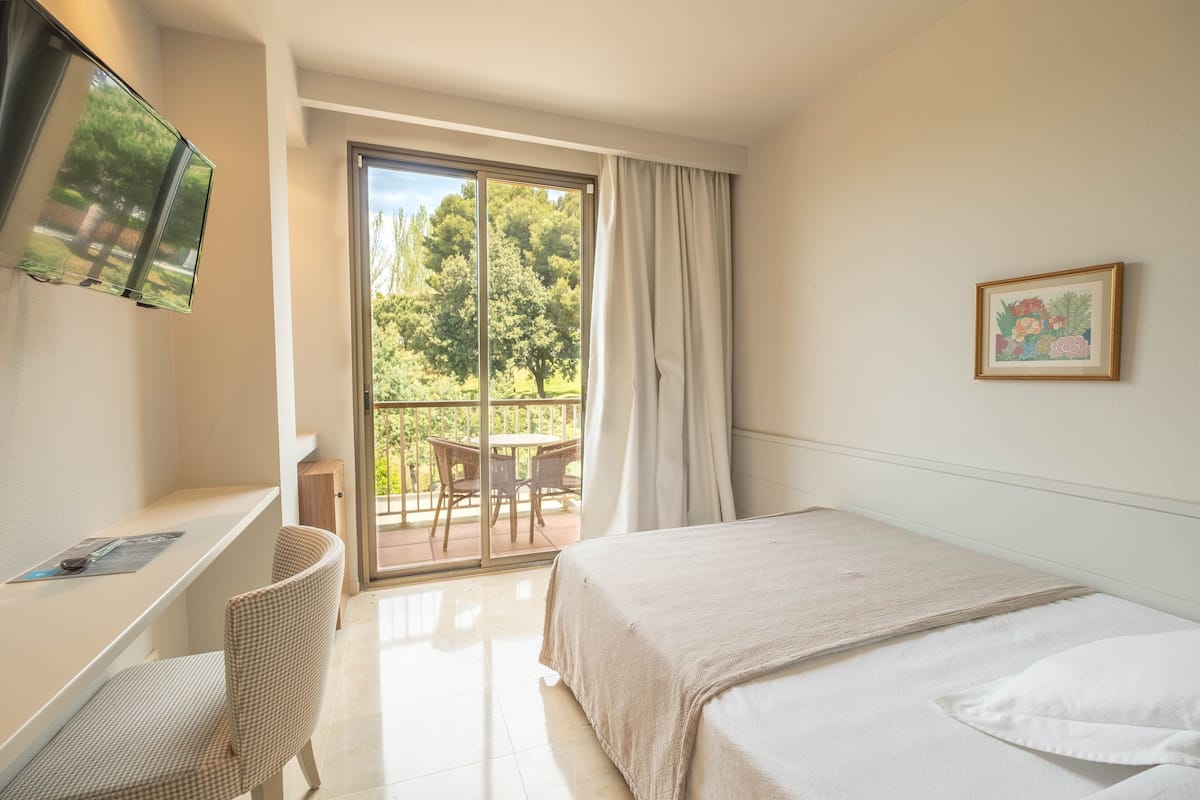A hotel room with a bed, a desk, a chair, a TV, and a balcony with a view of trees.