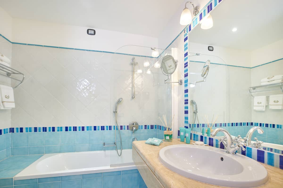 combined shower/bathtub, jetted bath, free toiletries, hair dryer
