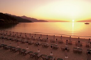 Plage privée, chaises longues, parasols, serviettes de plage
