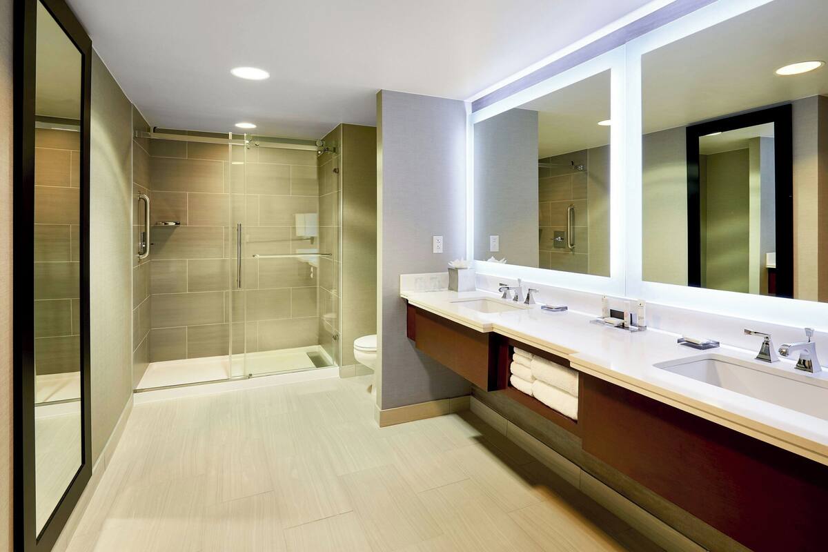 combined shower/bathtub, free toiletries, hair dryer, towels