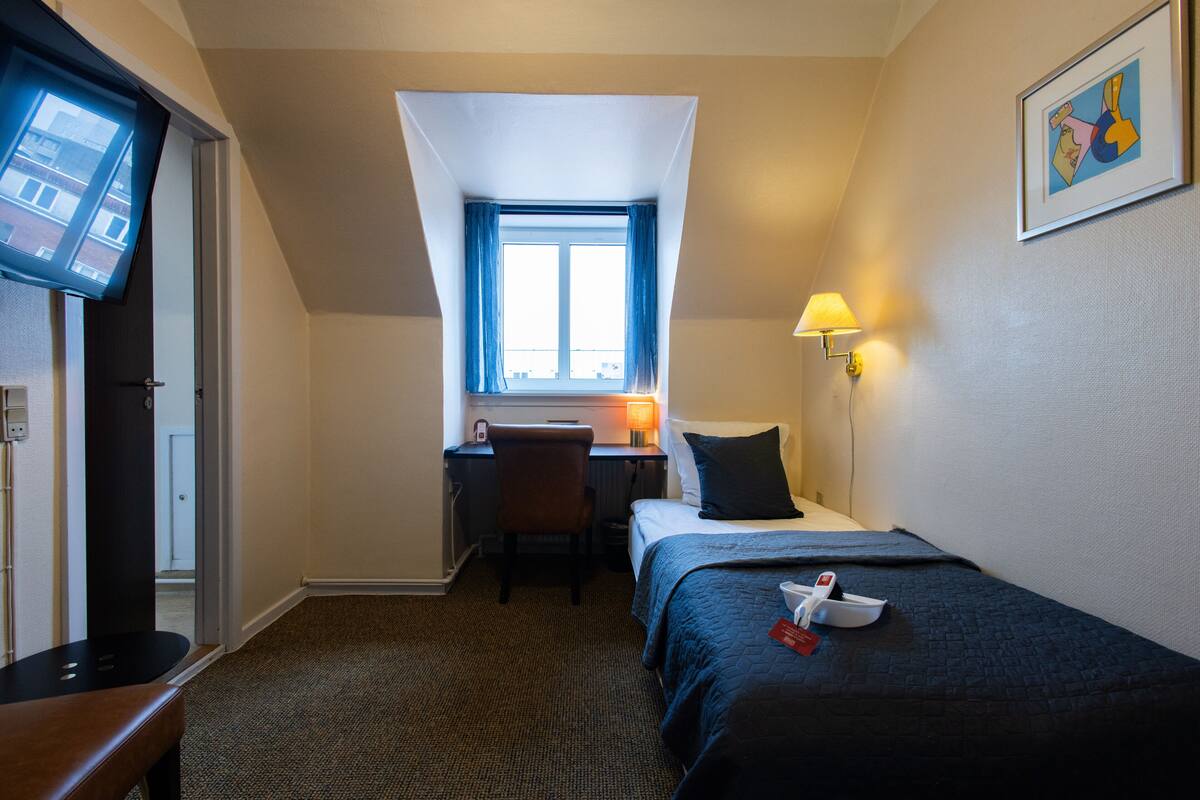 A hotel room with a bed, a desk, a chair, a TV, and a window with curtains.