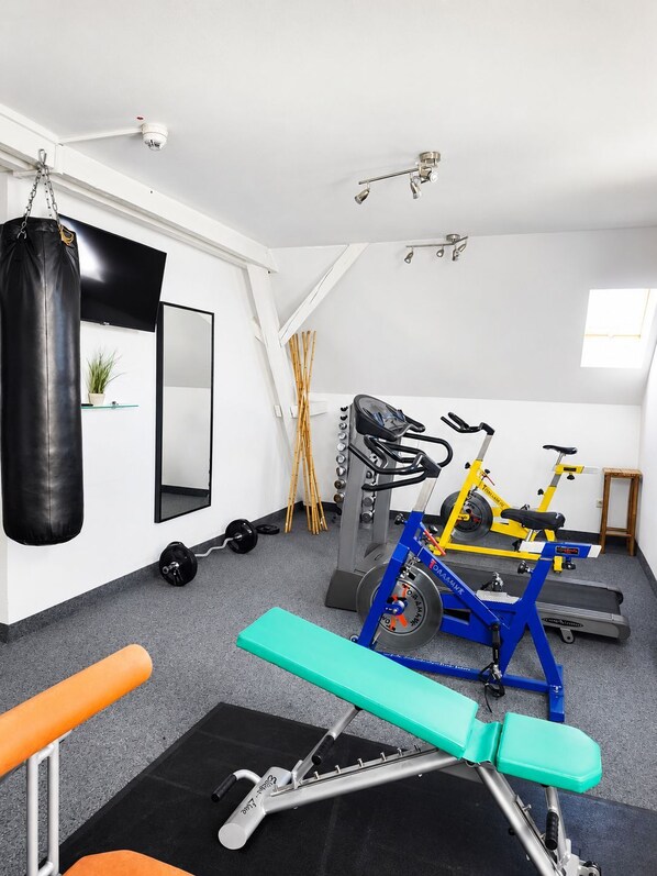 A home gym with a punching bag, exercise bike, treadmill, and weight bench.