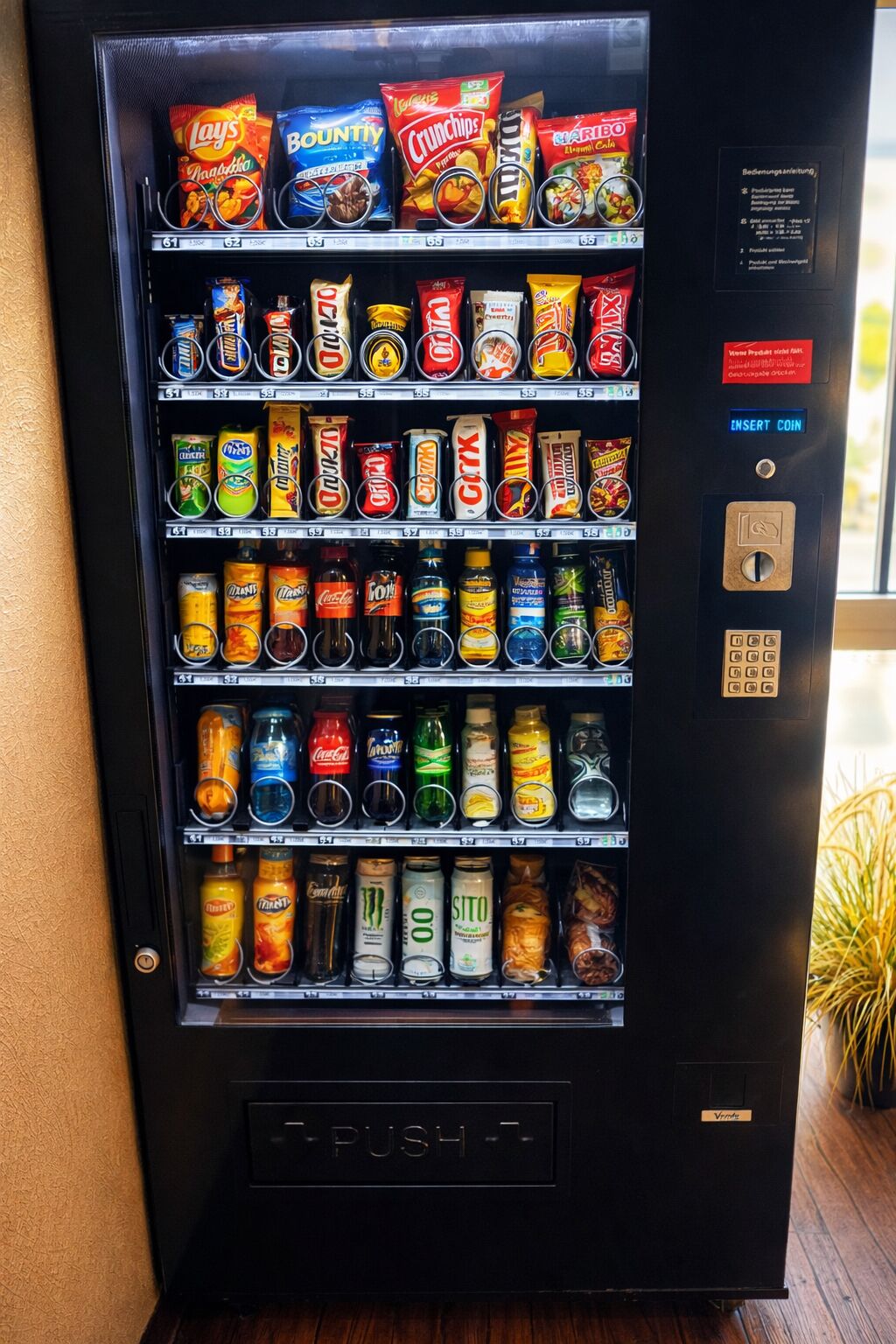 Máquina expendedora con aperitivos, bebidas y ranura para monedas.