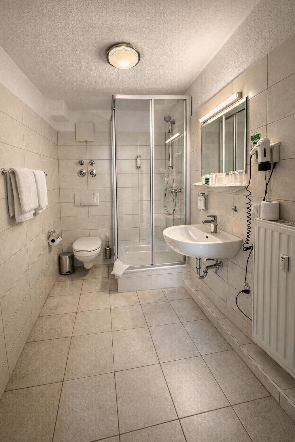 A modern bathroom with a glass shower enclosure, a toilet, a sink, and a mirror.