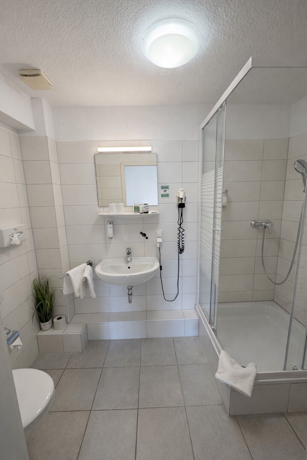 Ein modernes Badezimmer mit Waschbecken, Spiegel und Dusche.