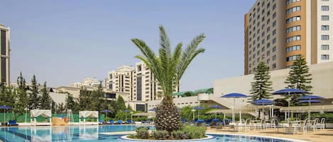 Outdoor pool, pool umbrellas, pool loungers
