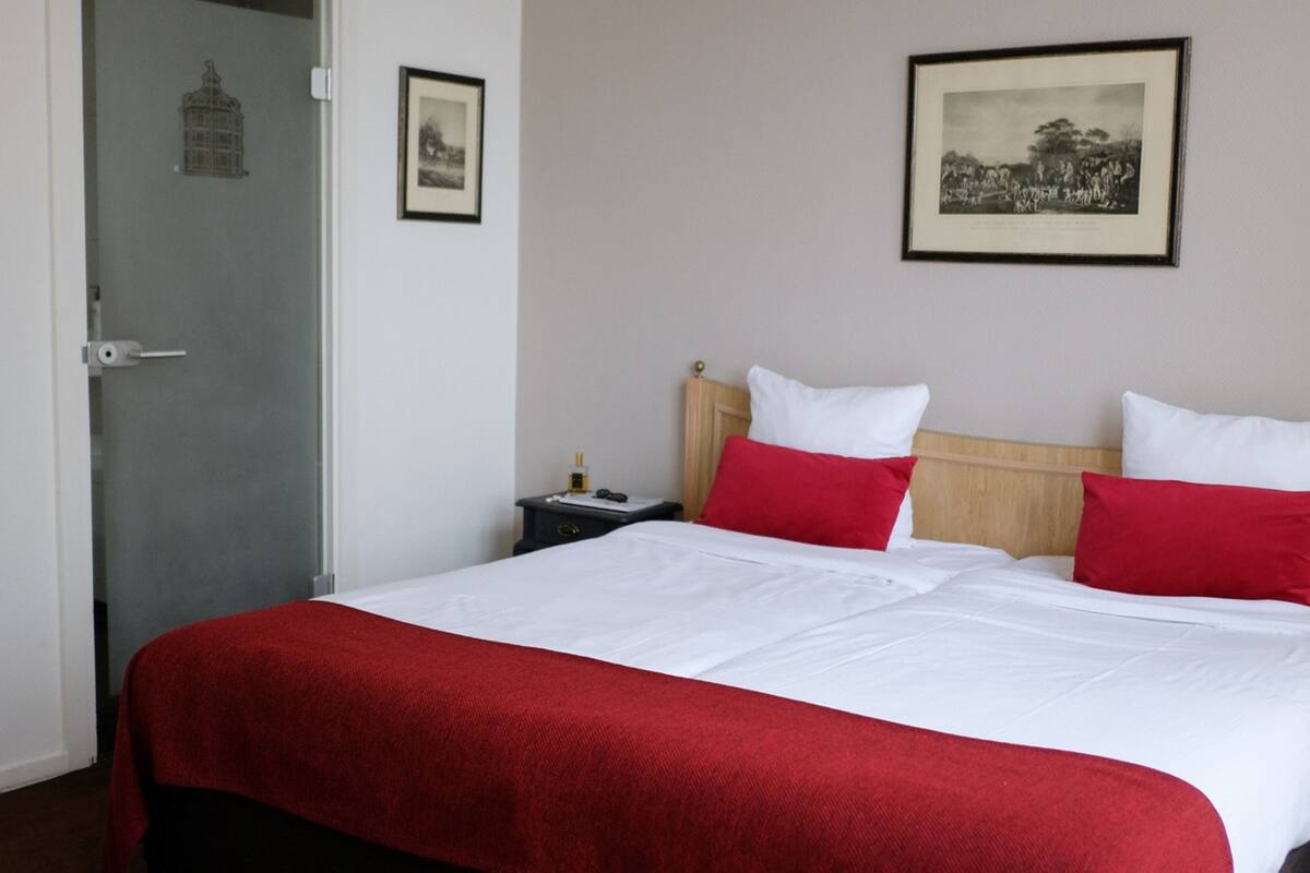 A hotel room with a bed, a nightstand, a framed picture on the wall, and a door with a bird design.