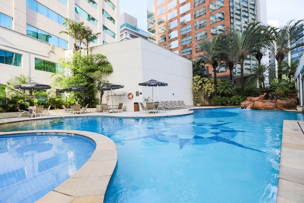 Indoor pool, outdoor pool, pool loungers