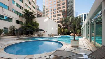 Indoor pool, outdoor pool, sun loungers