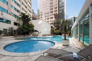 Indoor pool, outdoor pool, sun loungers