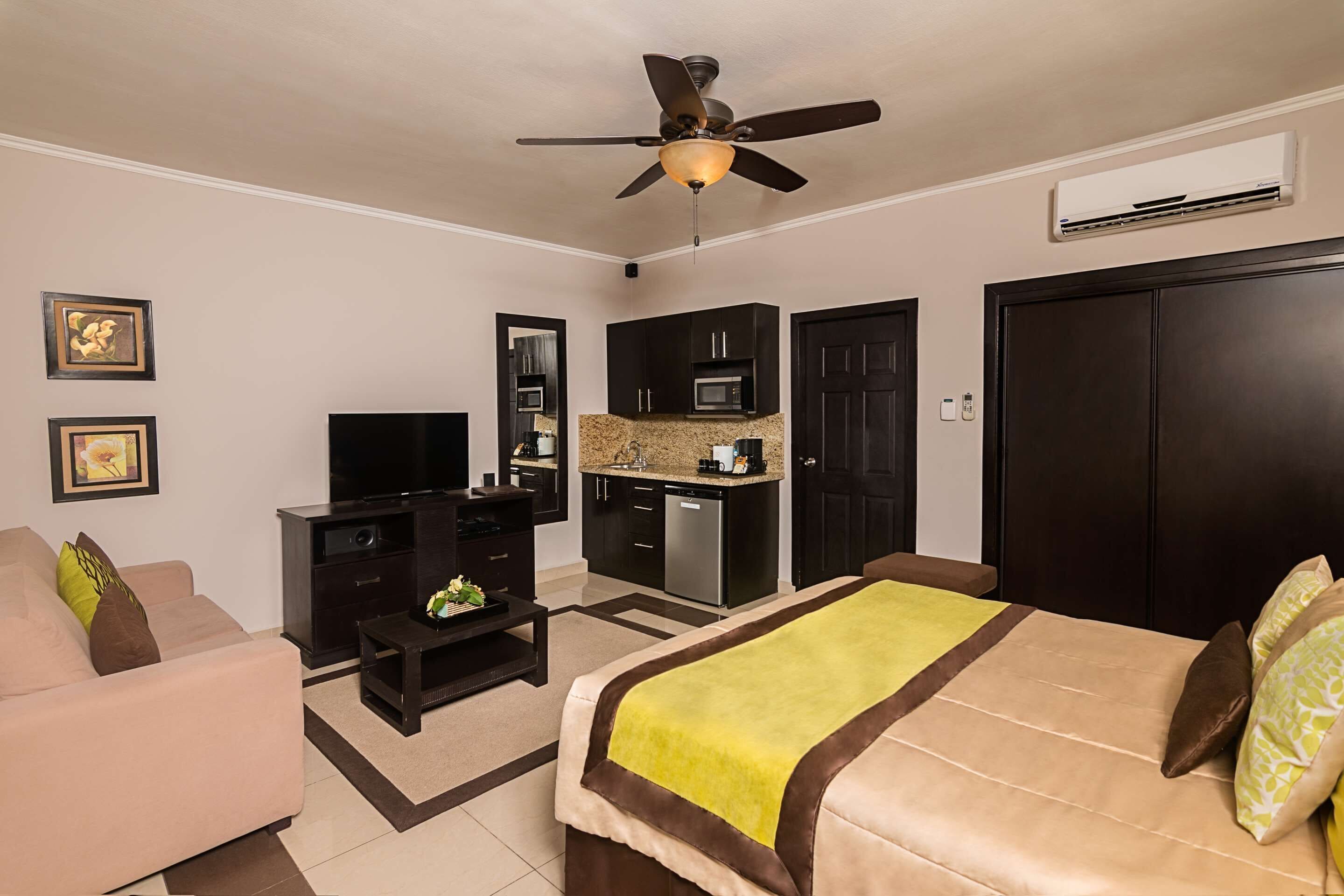 Habitación de hotel con cama, televisión, kitchenette y ventilador de techo.
