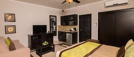 Habitación de hotel con cama, televisión, kitchenette y ventilador de techo.