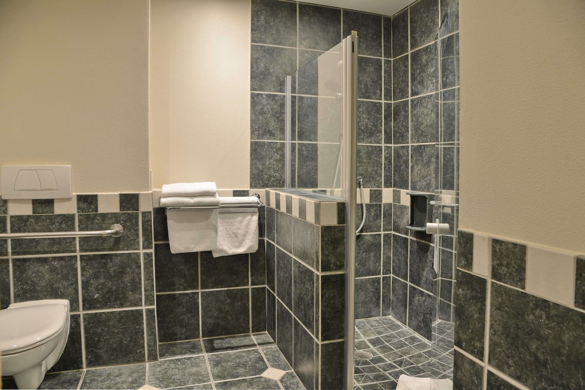 separate bathtub and shower, free toiletries, hair dryer, towels