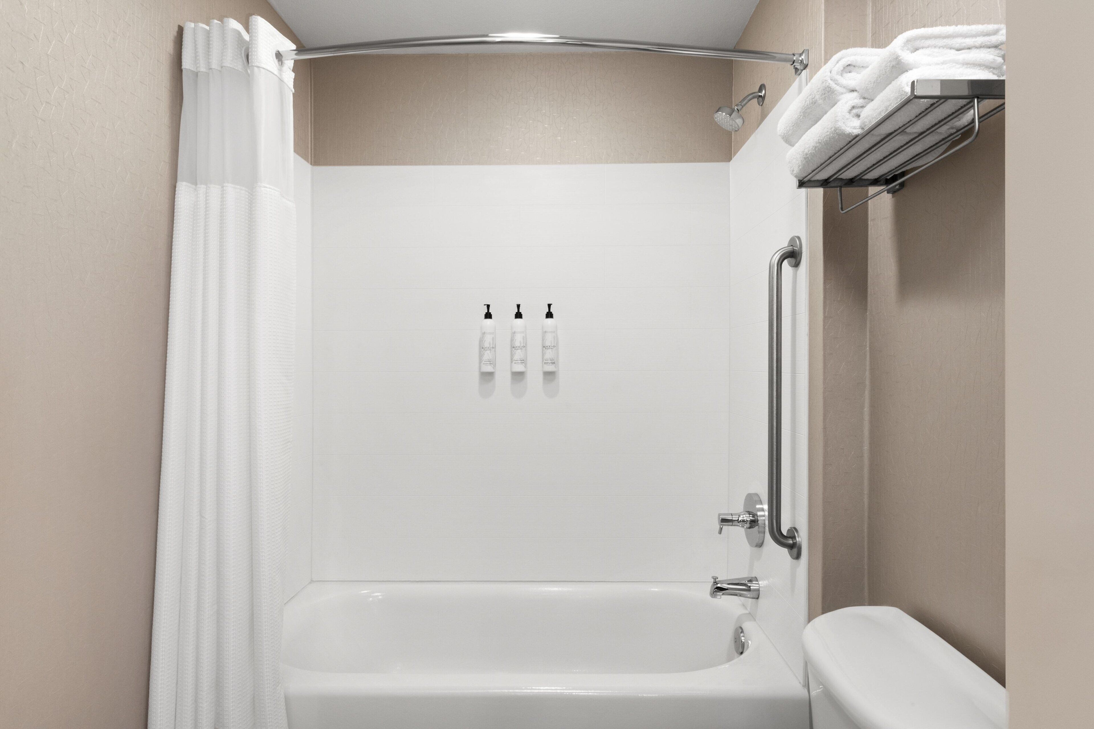 combined shower/bathtub, free toiletries, hair dryer, towels