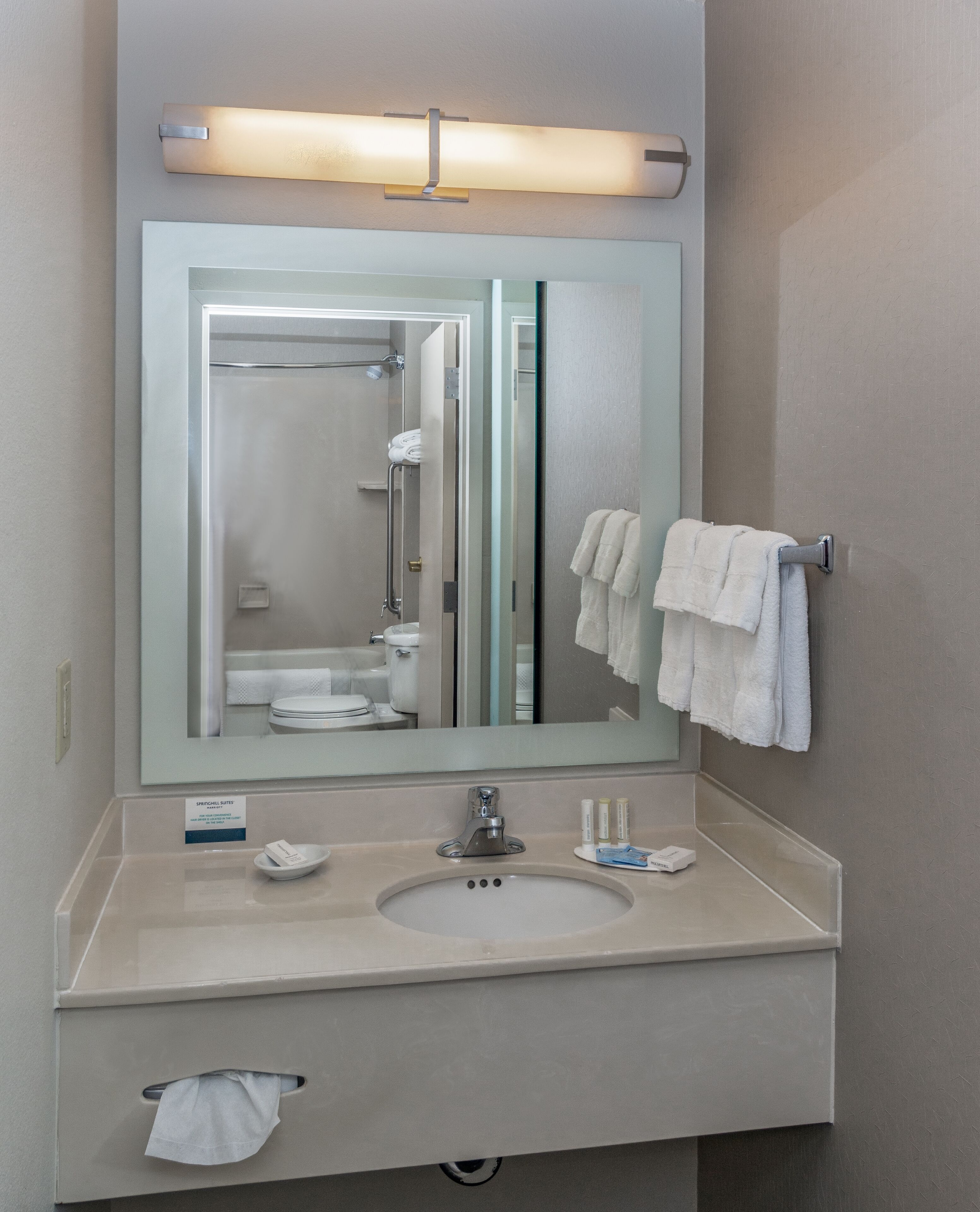 combined shower/bathtub, free toiletries, hair dryer, towels