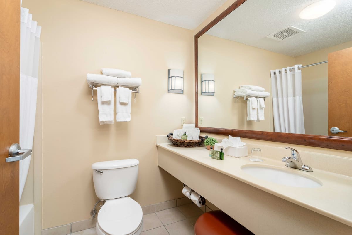 deluxe room, 2 queen beds | bathroom | combined shower/bathtub, free toiletries, hair dryer, towels