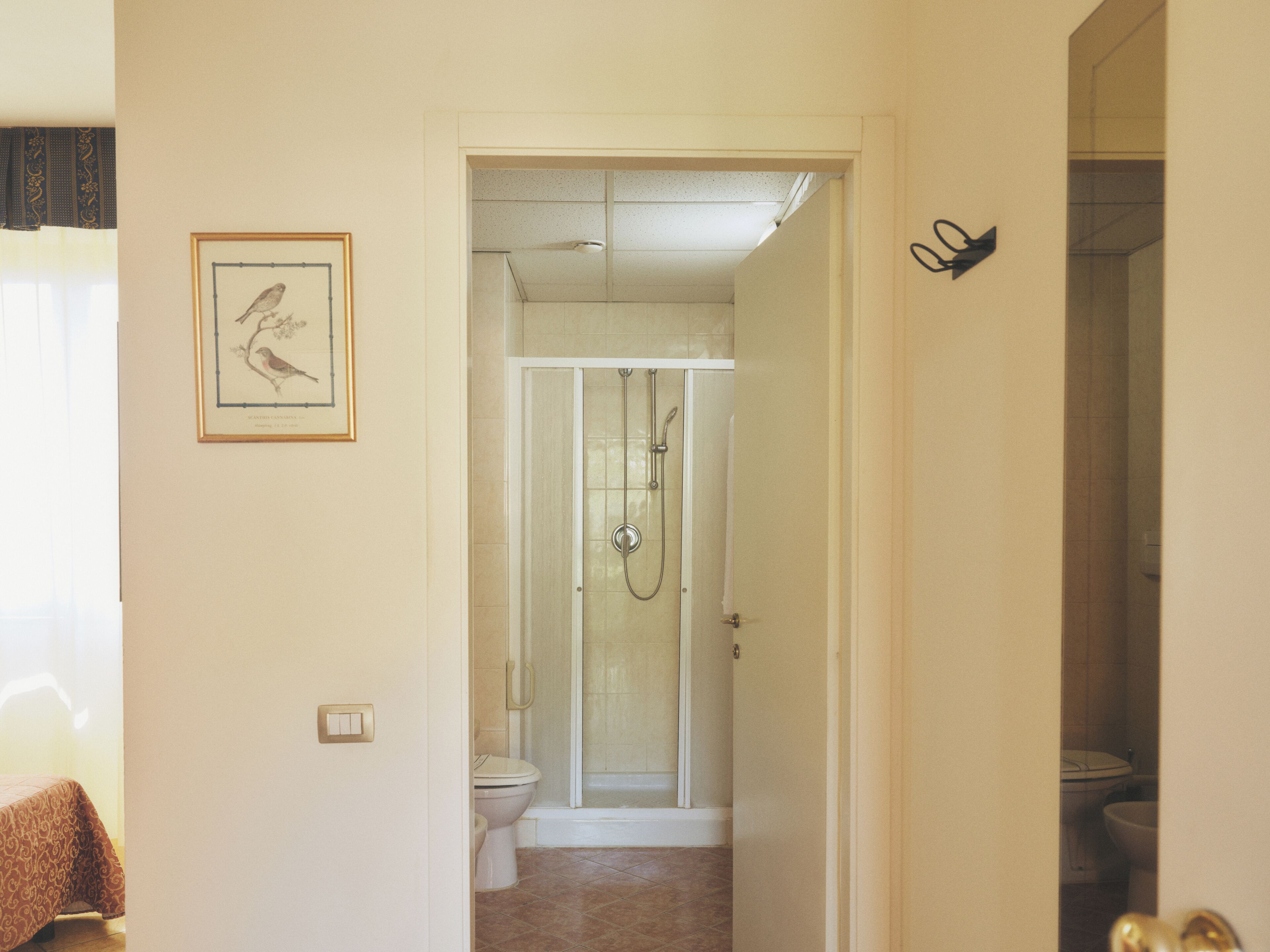 Shower, rainfall showerhead, designer toiletries, hair dryer