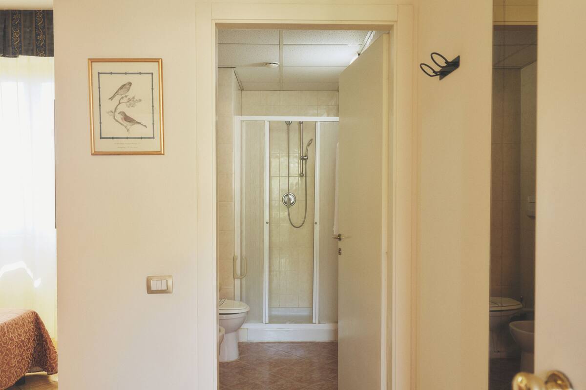 Shower, rainfall showerhead, designer toiletries, hair dryer