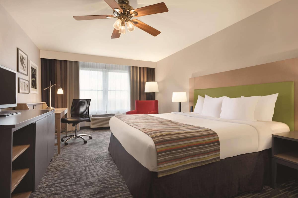 Une chambre d’hôtel équipée d’un lit, d’un bureau, d’une chaise, d’un ventilateur de plafond et de deux lampes.