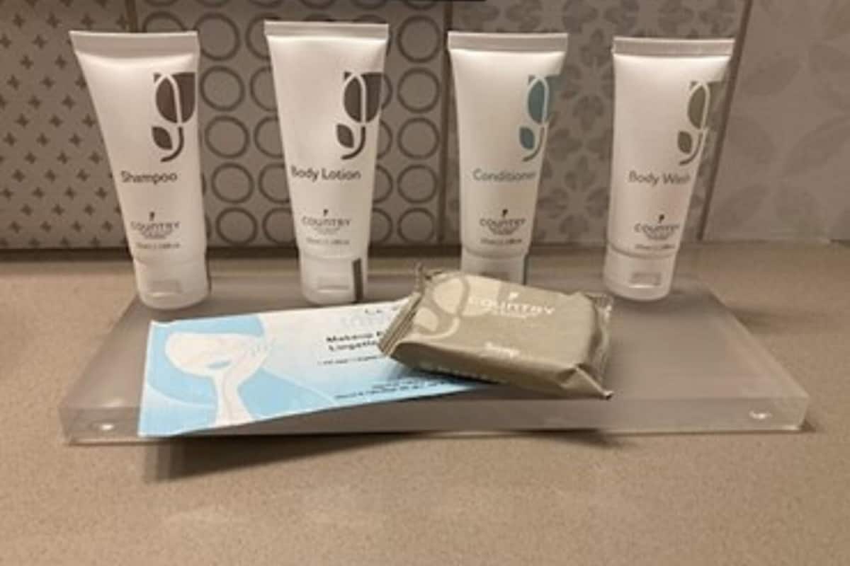 combined shower/bathtub, free toiletries, hair dryer, towels