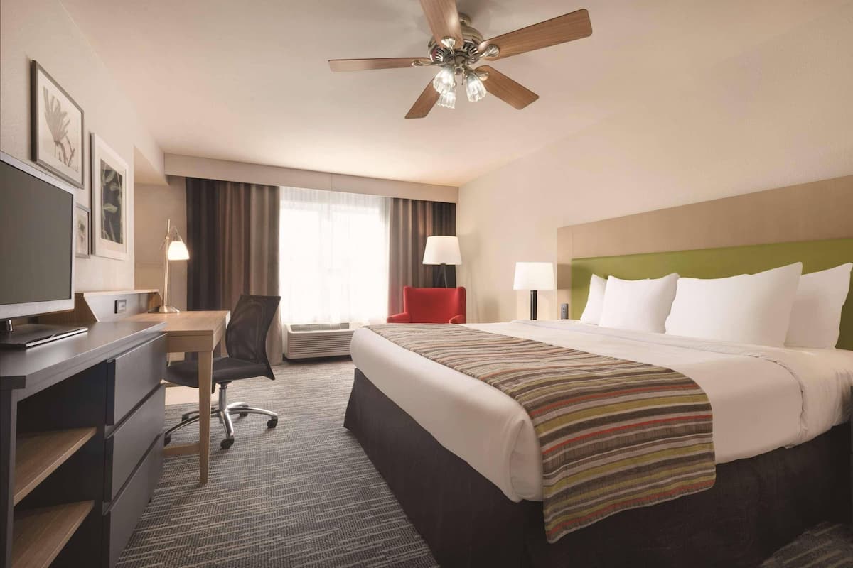 Une chambre d’hôtel équipée d’un lit, d’un bureau, d’une chaise et d’un ventilateur de plafond.