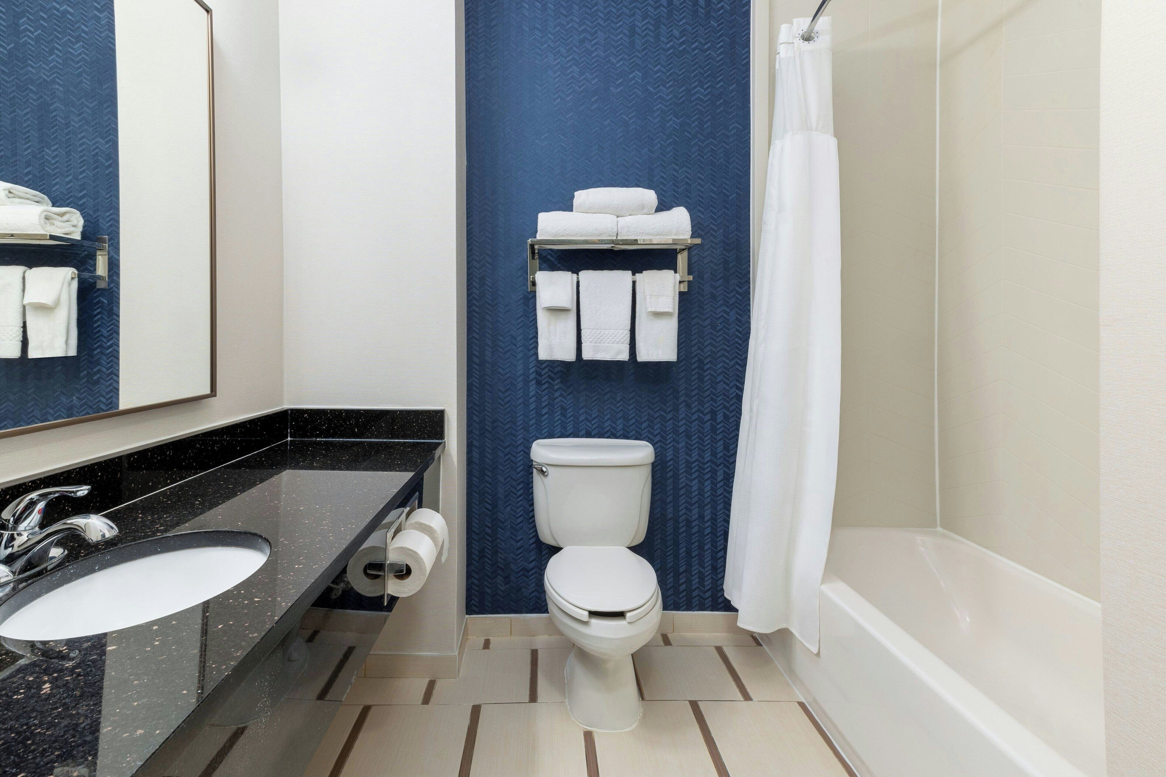 combined shower/bathtub, free toiletries, hair dryer, towels