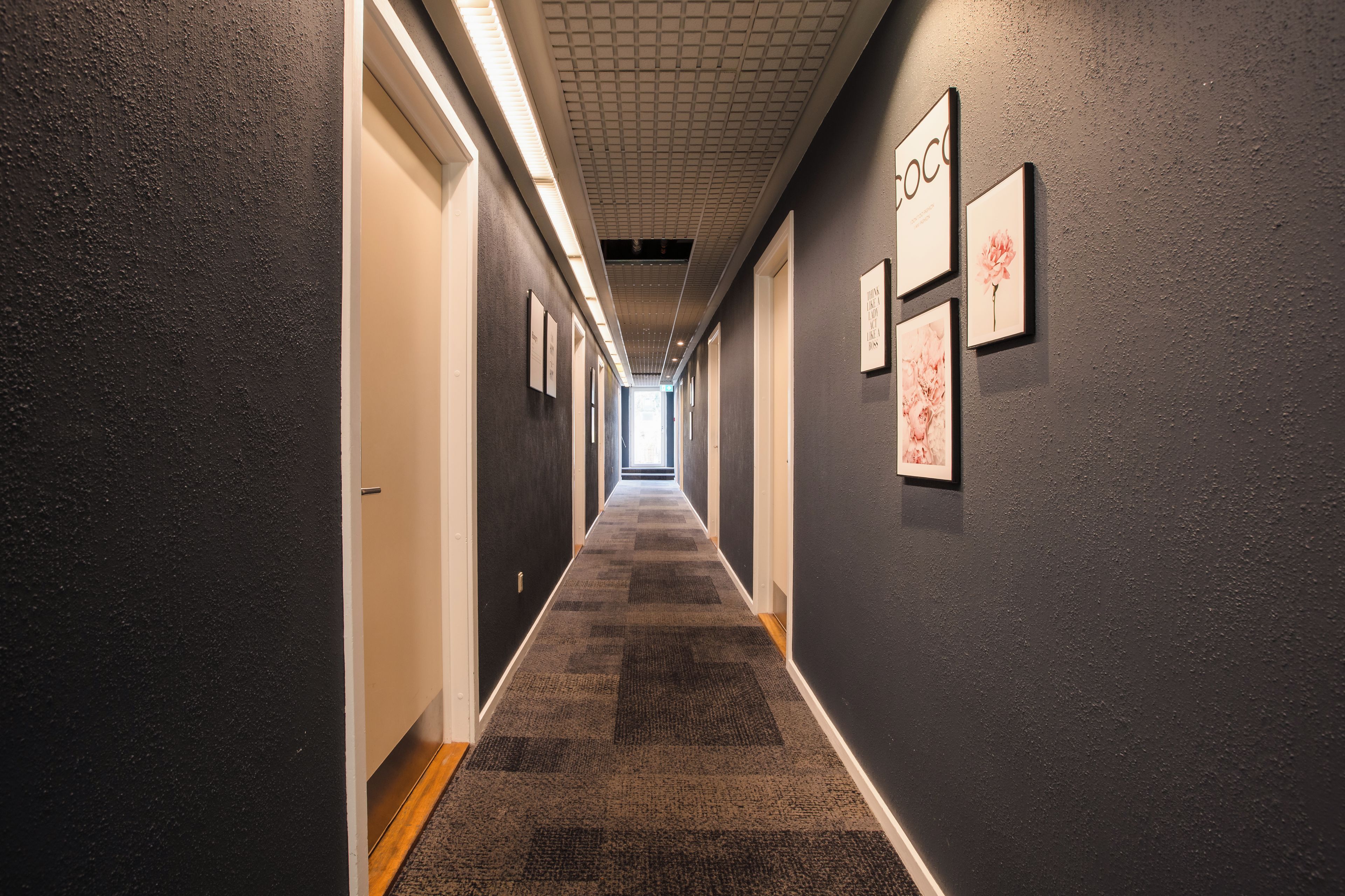 A hallway with a carpeted floor, framed pictures on the walls, and a door on the left.