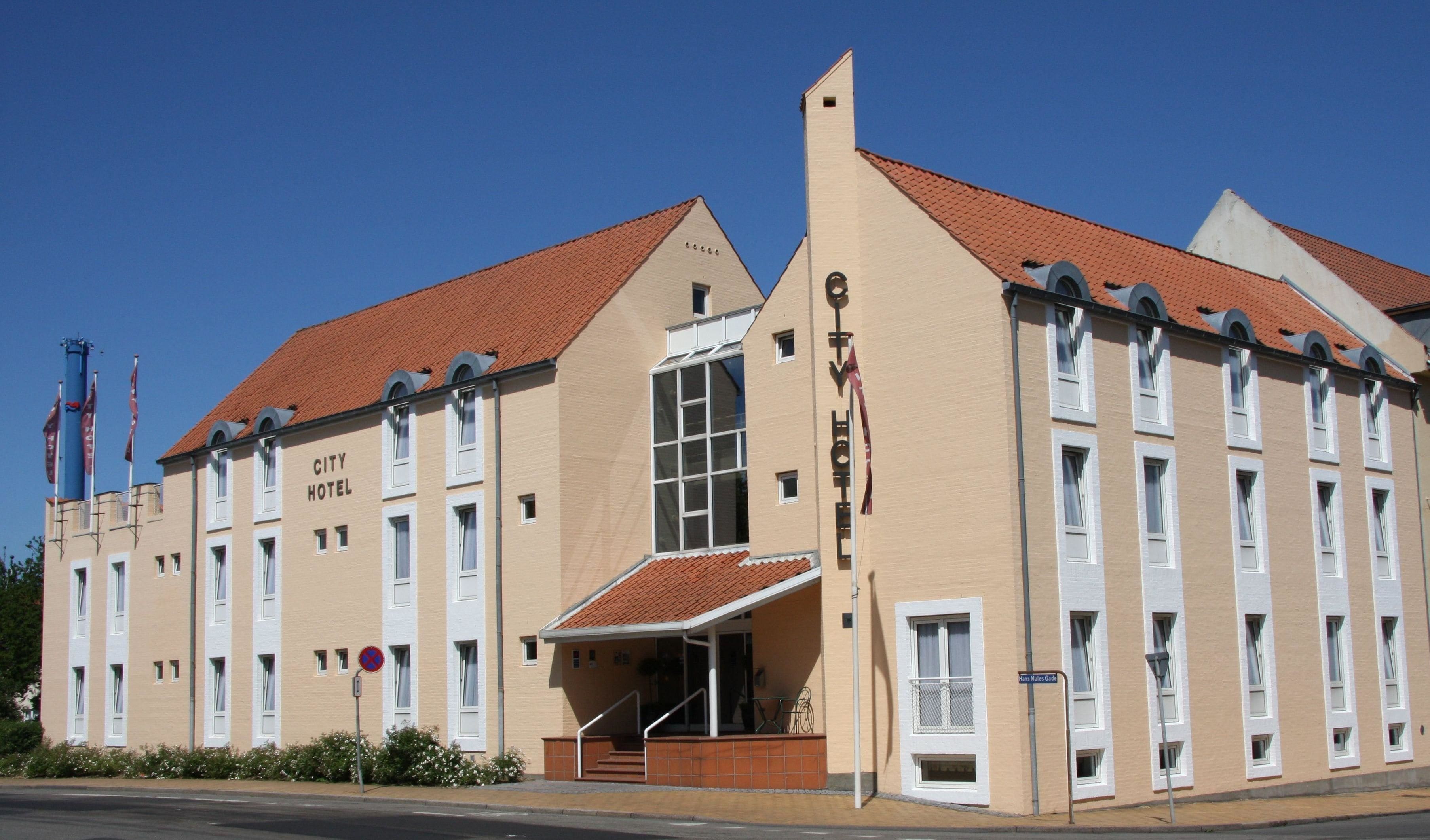 Un hôtel de ville avec un toit recouvert de tuiles rouges, de nombreuses fenêtres et une entrée imposante avec des marches.