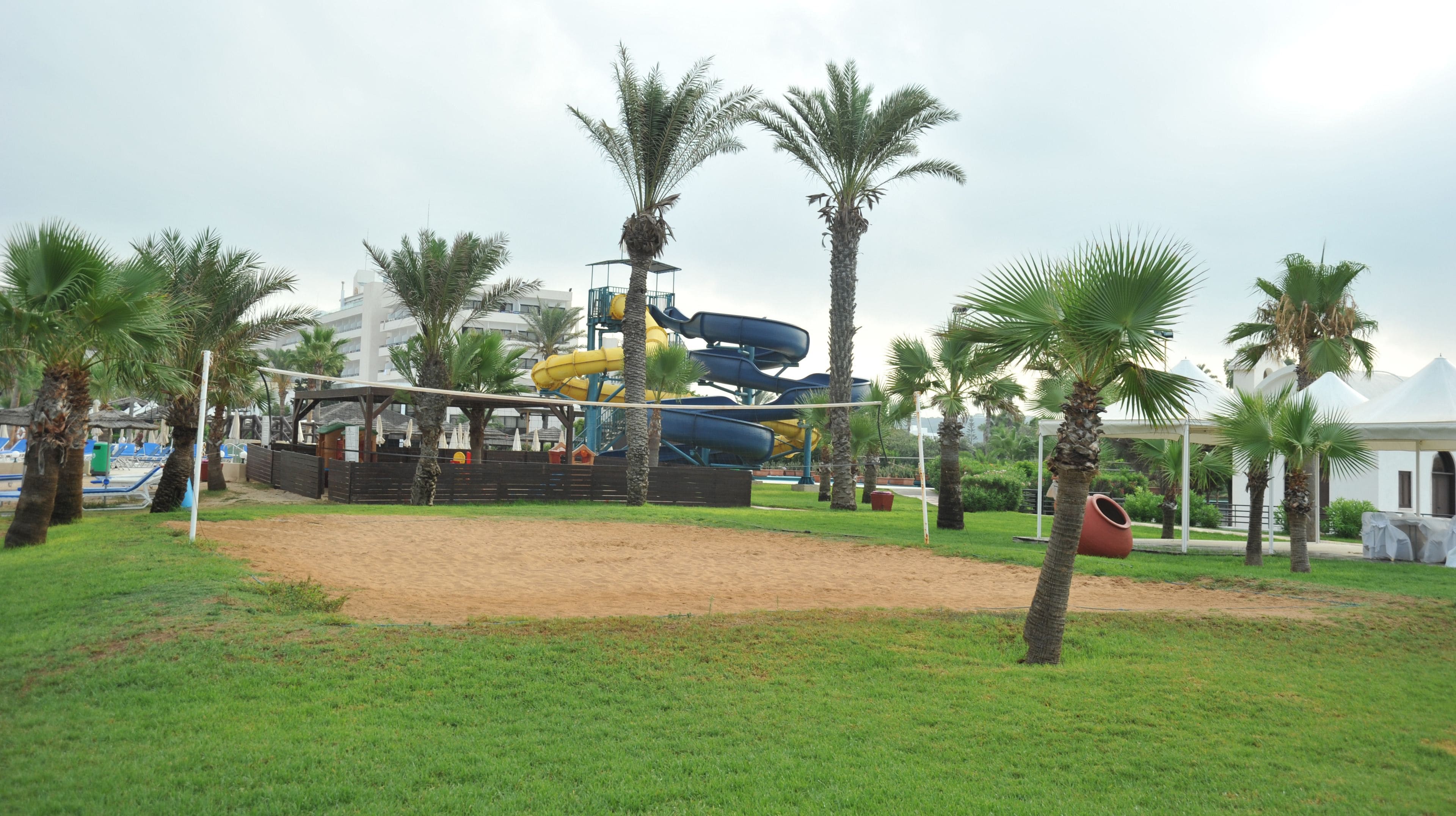 A water park with slides and palm trees.