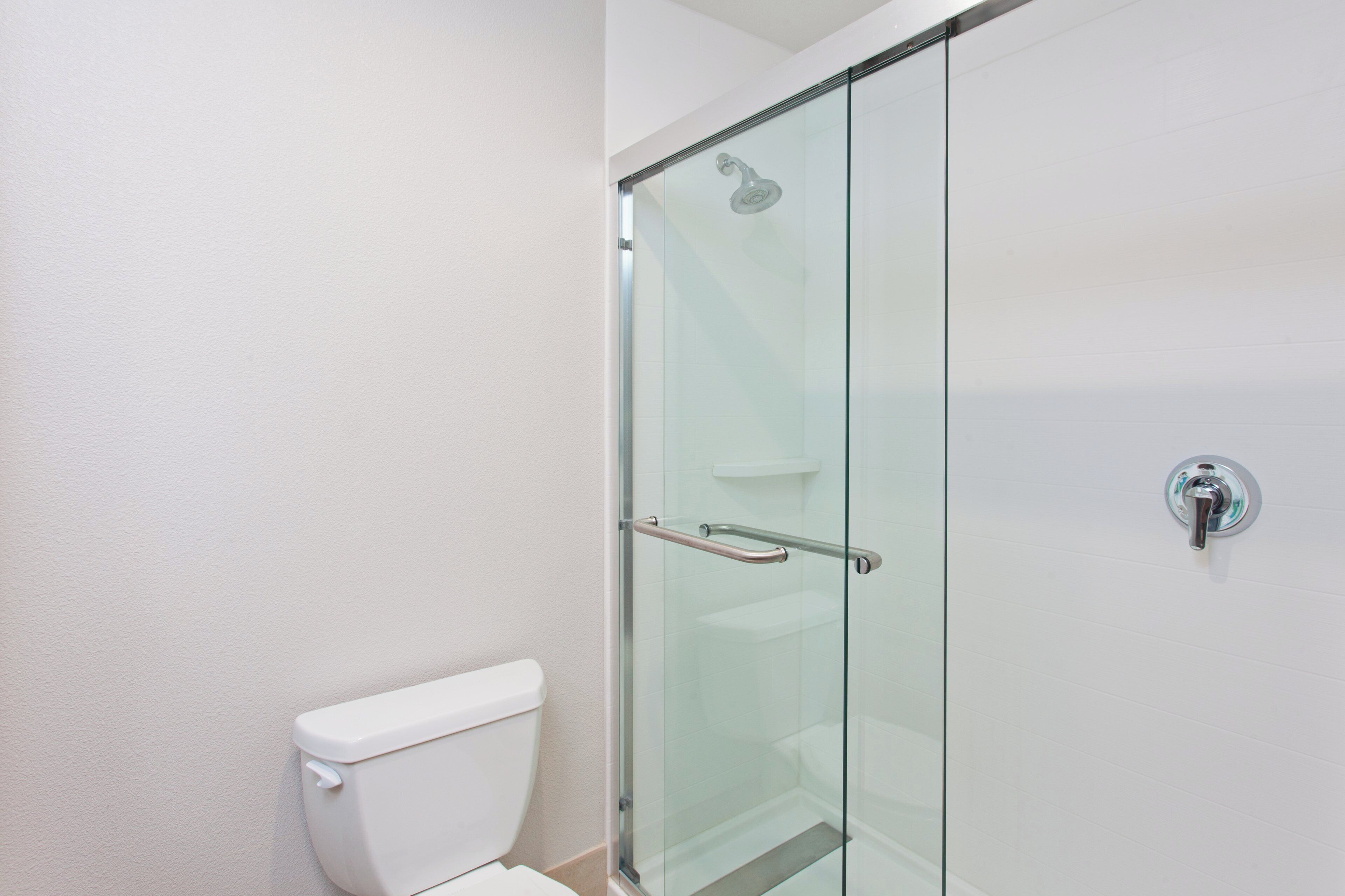 Un bagno con box doccia in vetro, un water bianco e una porta in vetro.