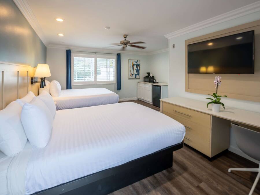 A hotel room with two beds, a desk, a chair, a TV, and a ceiling fan.
