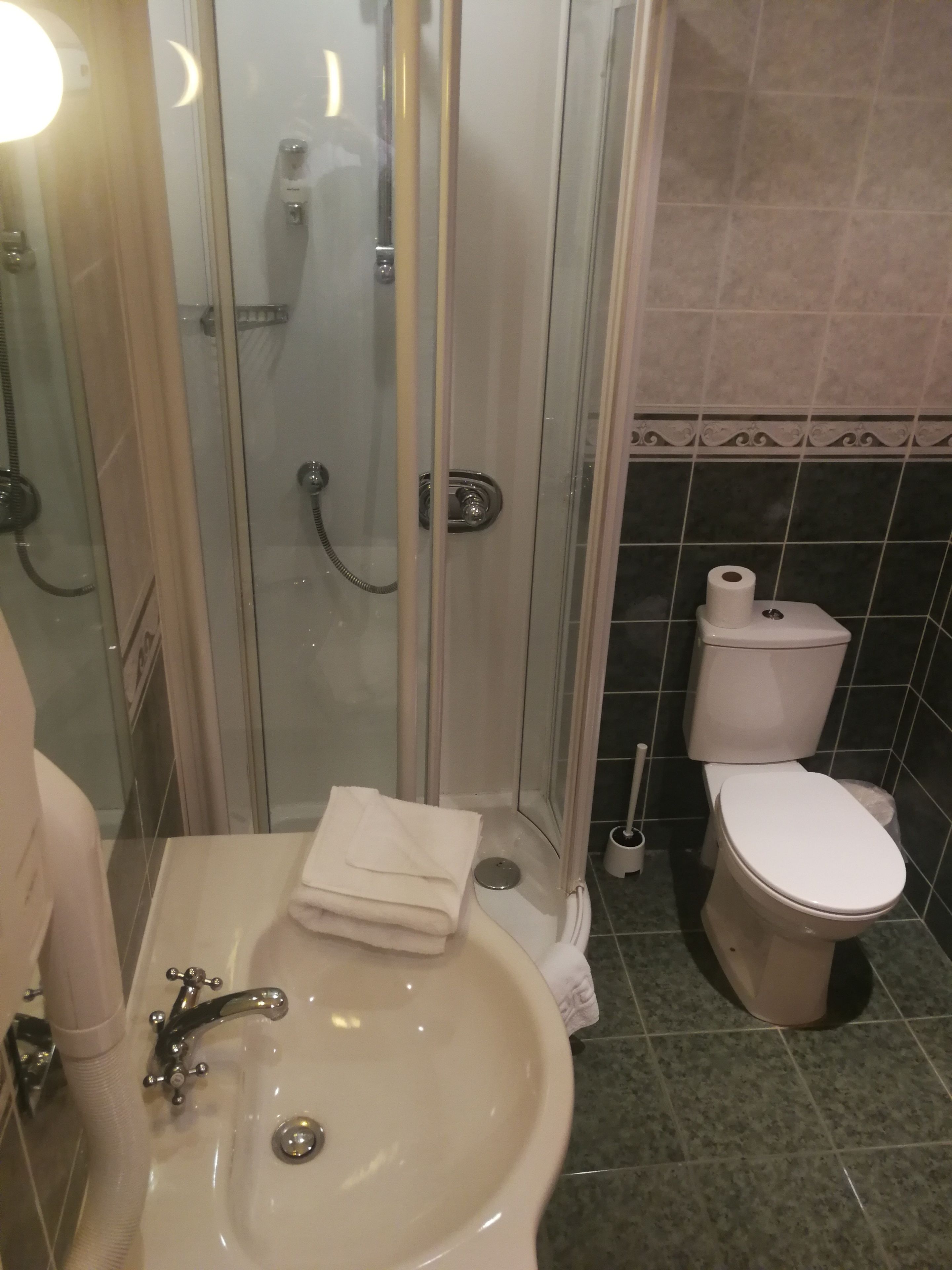 A bathroom with a glass-enclosed shower, a sink with a towel, and a toilet.