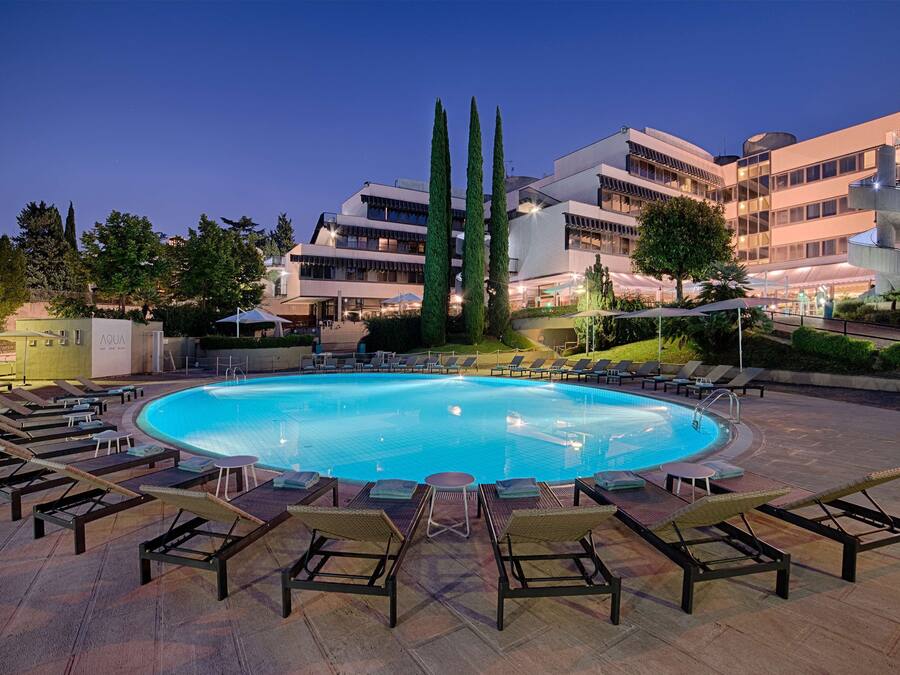 Seasonal outdoor pool, pool umbrellas, pool loungers