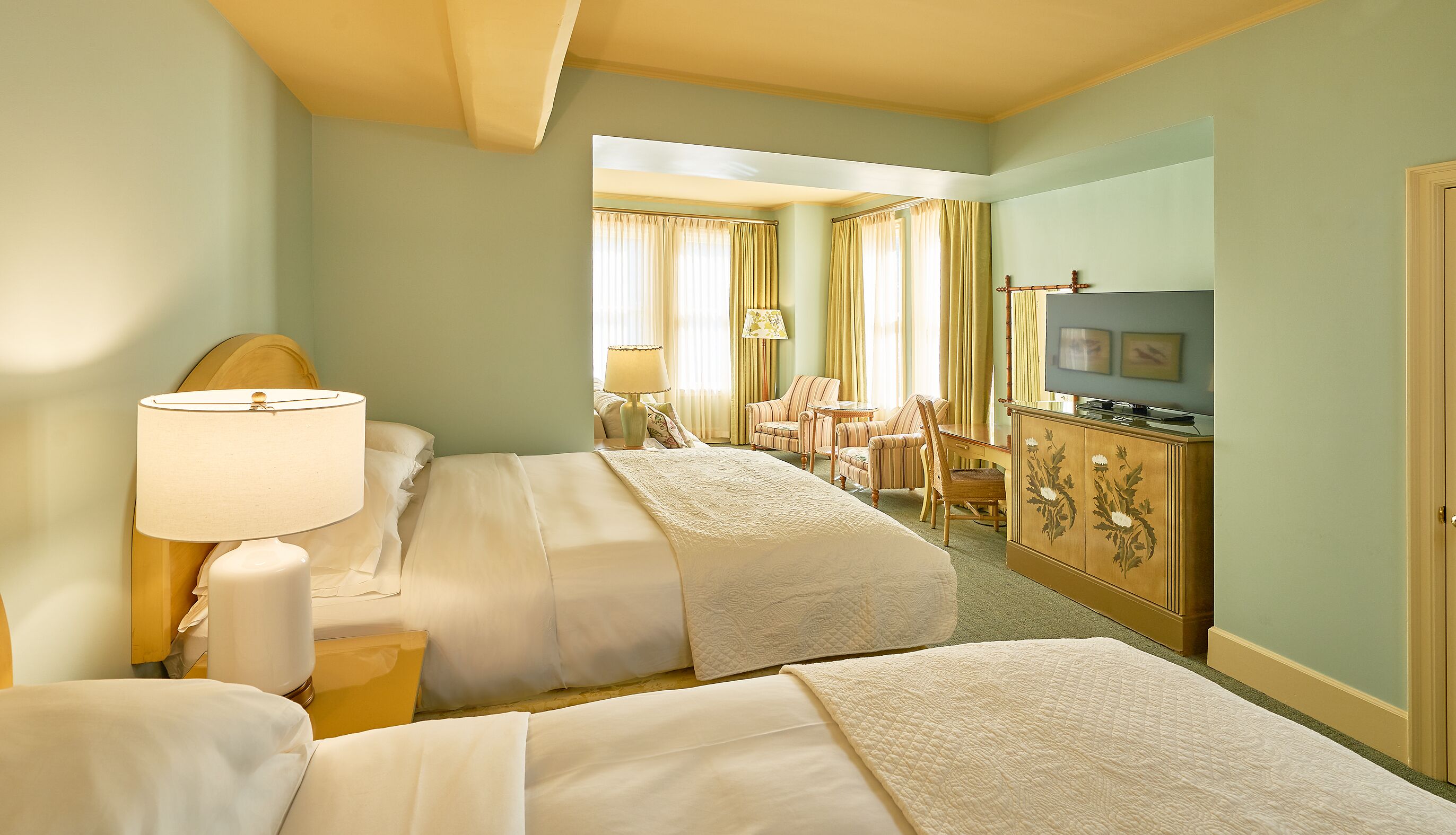 deluxe room, 2 queen beds | 1 bedroom, frette italian sheets, premium bedding, down duvets